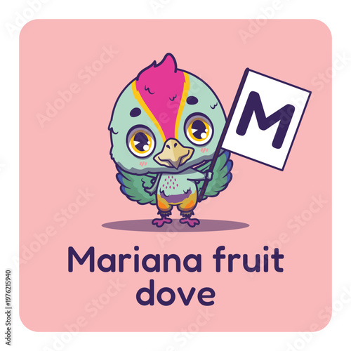 Cute Mariana fruit dove holding flag with letter M for fun educational purposes, illustrations