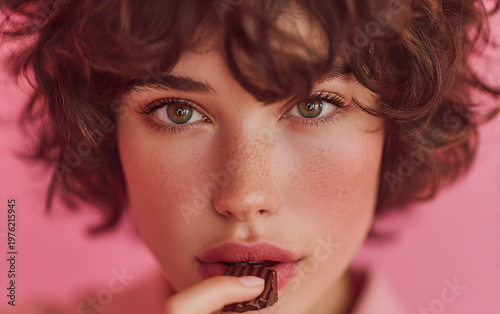 Romantic concept shot of a woman with striking blue eyes and a heart-shaped chocolate piece.