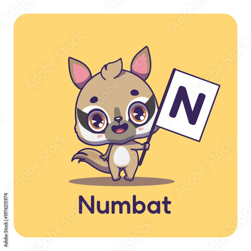Cute numbat holding flag with letter N for fun educational purposes, illustrations