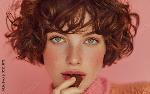 Studio photography of a woman with a playful expression holding a heart chocolate, perfect for holidays.