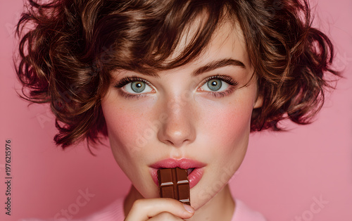 Gorgeous girl with curly brunette hair and pink blush holding a chocolate heart on a pink backdrop.