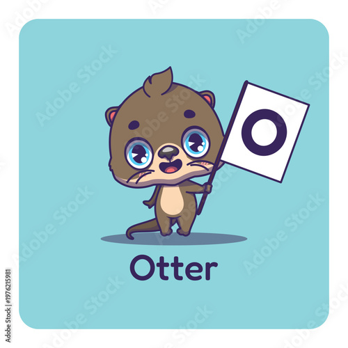 Cute otter holding flag with letter O for fun educational purposes, illustrations