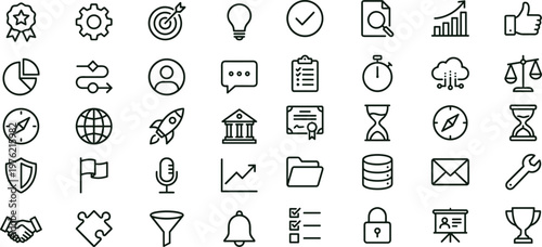 Minimal outline business productivity success icon set collection for analytics management dashboard web mobile interface editable stroke vector symbols