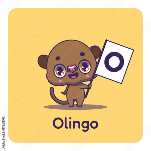Cute olingo holding flag with letter O for fun educational purposes, illustrations