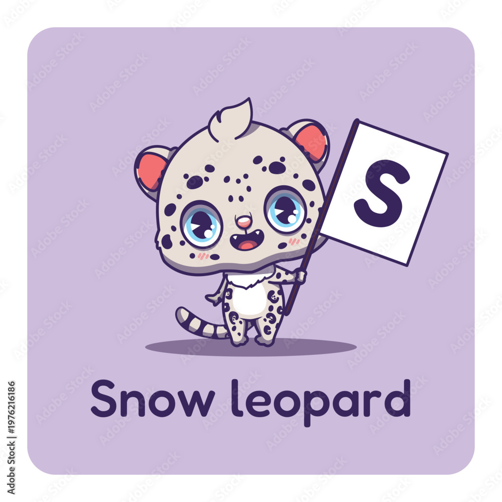 Fototapeta premium Cute snow leopard holding flag with letter S for fun educational purposes, illustrations