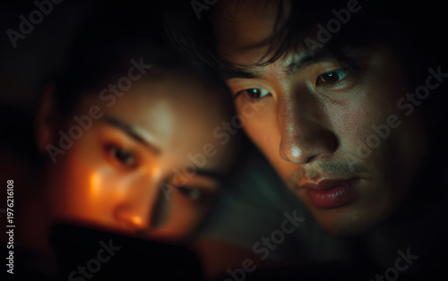 Close-up of a young couple lying in bed at night, their faces illuminated by the warm glow of a smartphone.
