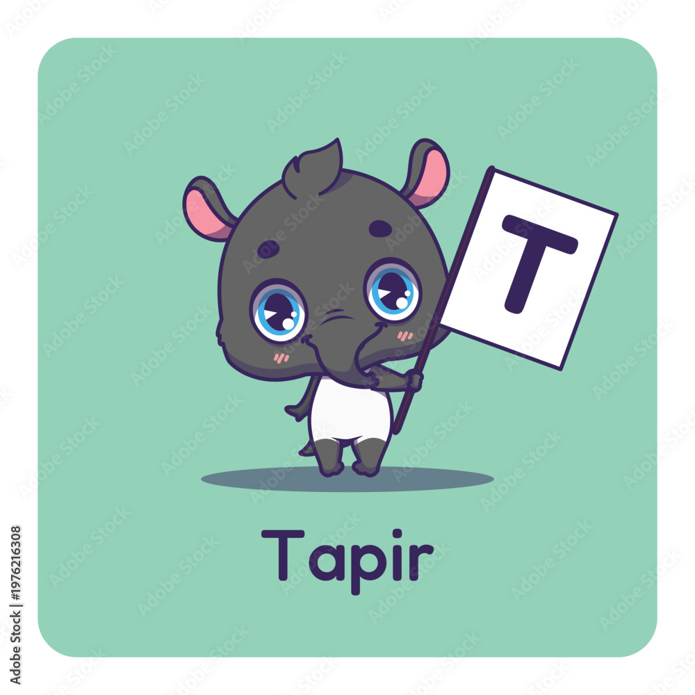 Fototapeta premium Cute tapir holding flag with letter T for fun educational purposes, illustrations