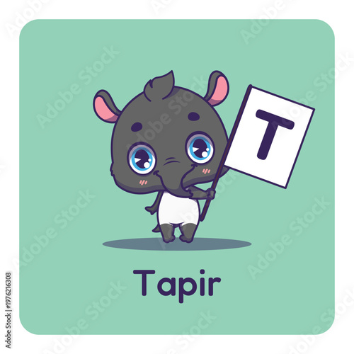 Cute tapir holding flag with letter T for fun educational purposes, illustrations