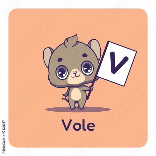Cute vole holding flag with letter V for fun educational purposes, illustrations