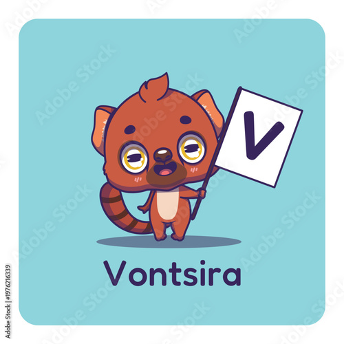 Cute vontsira holding flag with letter V for fun educational purposes, illustrations