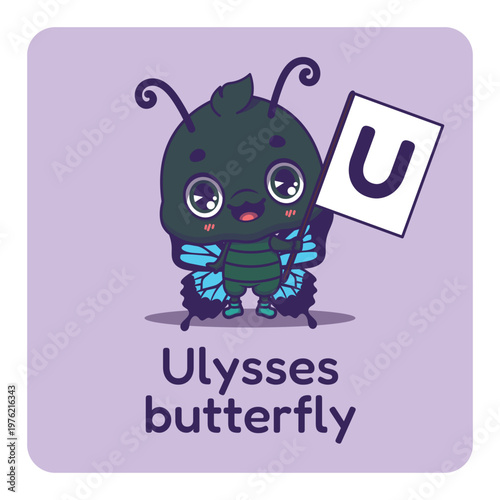 Cute ulysses butterfly holding flag with letter A for fun educational purposes, illustrations