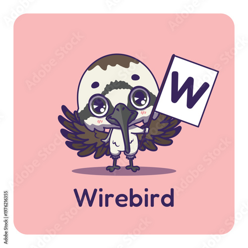 Cute wirebird holding flag with letter W for fun educational purposes, illustrations