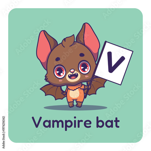 Cute vampire bat holding flag with letter V for fun educational purposes, illustrations