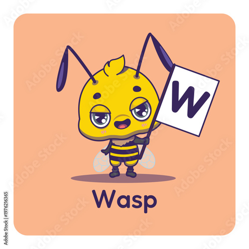 Cute wasp holding flag with letter W for fun educational purposes, illustrations