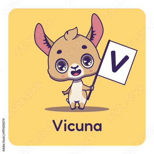 Cute vicuna holding flag with letter V for fun educational purposes, illustrations