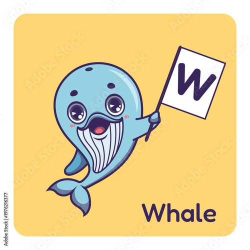 Cute whale holding flag with letter W for fun educational purposes, illustrations