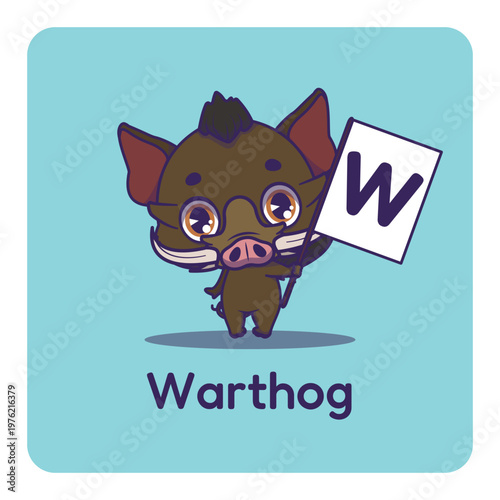 Cute warthog holding flag with letter W for fun educational purposes, illustrations