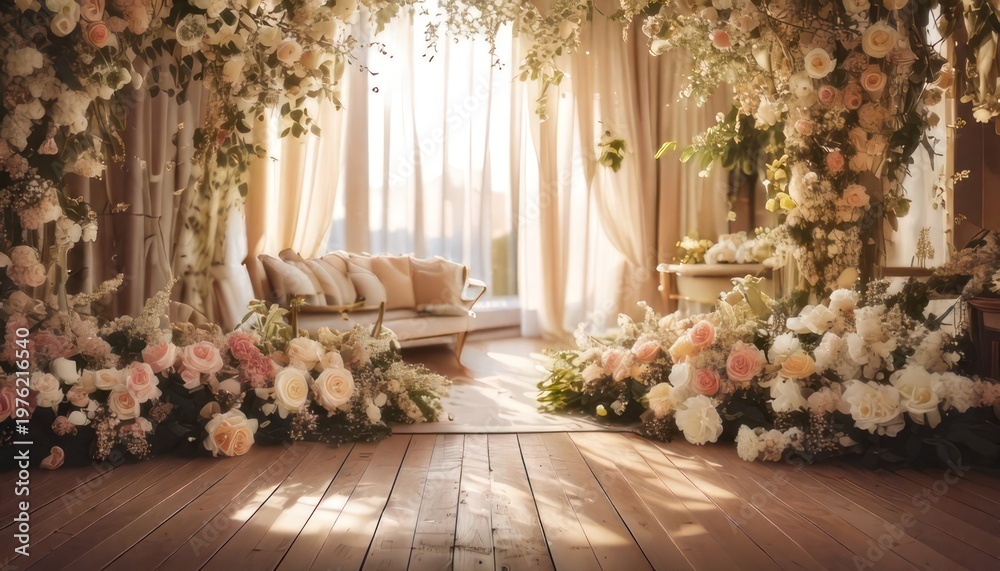 Fototapeta premium Elegant Wedding Venue with Floral Decorations and Soft Lighting.
