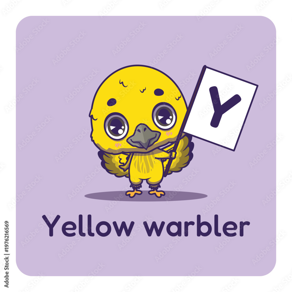 Fototapeta premium Cute yellow warbler holding flag with letter Y for fun educational purposes, illustrations