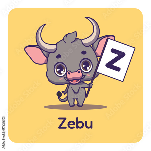 Cute zebu holding flag with letter Z for fun educational purposes, illustrations