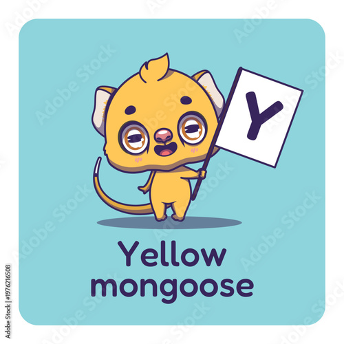 Cute yellow mongoose holding flag with letter Y for fun educational purposes, illustrations