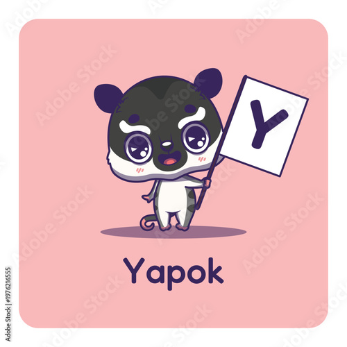 Cute yapok holding flag with letter Y for fun educational purposes, illustrations
