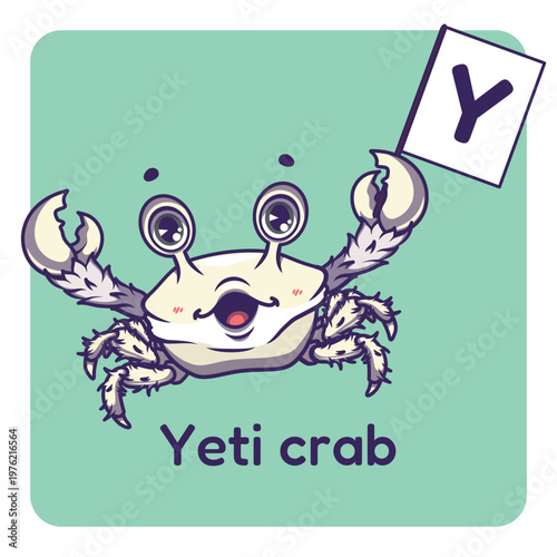 Cute yeti crab holding flag with letter Y for fun educational purposes, illustrations