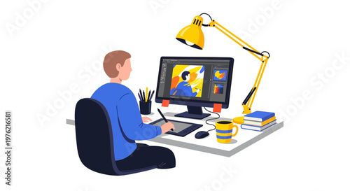 Man sitting at desk with computer.