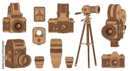 Wooden camera photography equipment collection.
