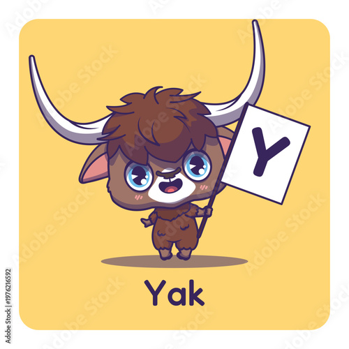 Cute yak holding flag with letter Y for fun educational purposes, illustrations