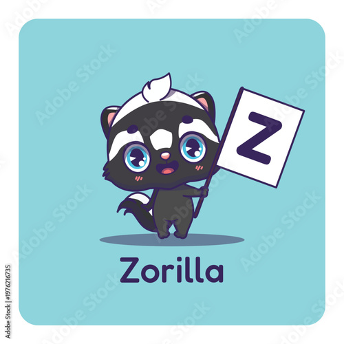 Cute zorilla holding flag with letter Z for fun educational purposes, illustrations