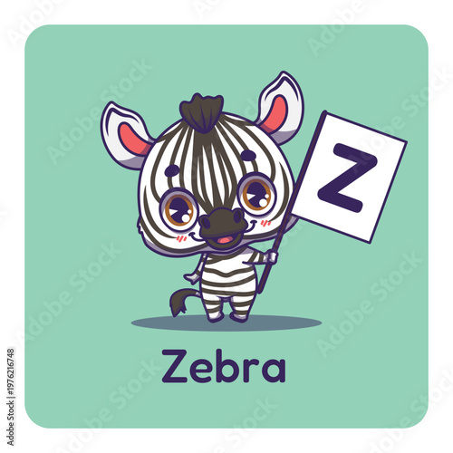 Cute zebra holding flag with letter Z for fun educational purposes, illustrations