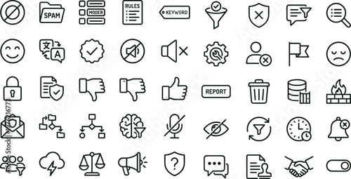 Minimal outline content moderation security control icon set collection for privacy protection filtering reporting web mobile interface vector symbols