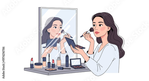 Woman Applying Makeup in Front Mirror.