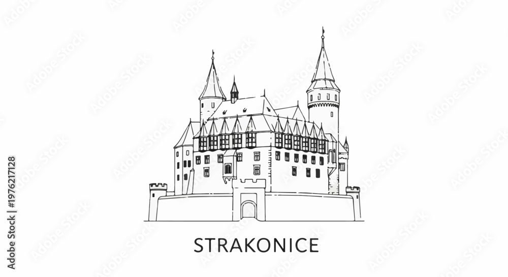 Obraz premium Detailed black and white sketch of a medieval castle with multiple towers and a grand entrance