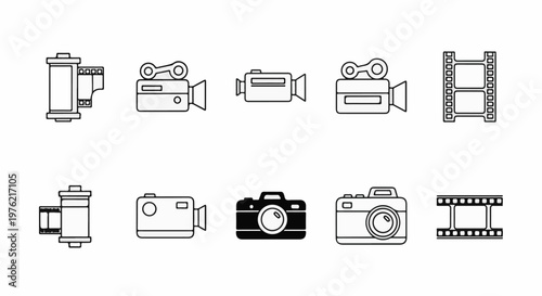 Collection of vintage and modern cameras and film rolls