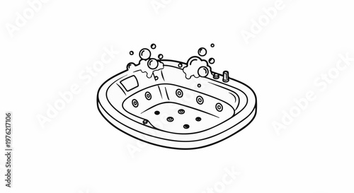 Black and white line drawing of a bubbling hot tub with jets
