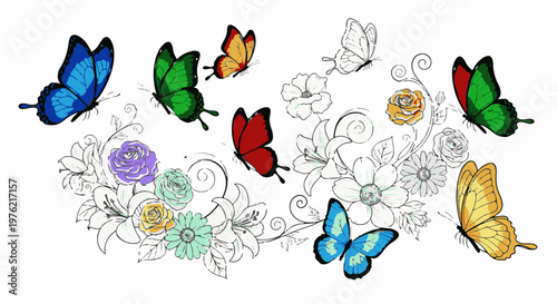Colorful butterflies flutter around a whimsical floral arrangement