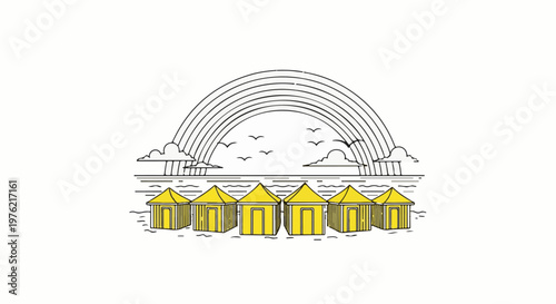 Colorful huts under a rainbow with birds flying over the sea