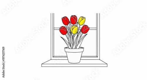 Colorful tulips in a pot on a windowsill
