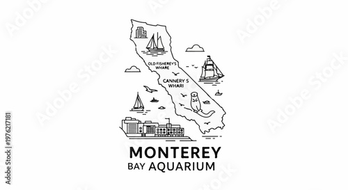 California map illustration featuring boats, buildings, birds, and a seal