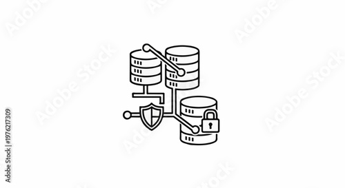 Connected databases with security shield and padlock icons