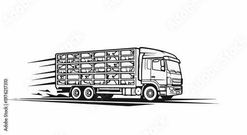 Black and white line drawing of a livestock transport truck moving quickly