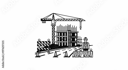 Construction scene with crane, building in progress, worker, and traffic barriers