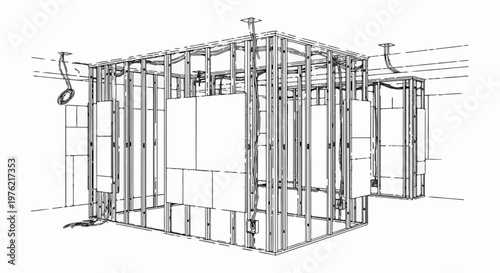 Construction scene shows metal framing and drywall in progress