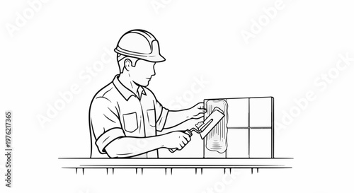 Construction worker applies mortar to tiles on a wall with a trowel