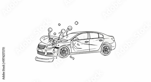 Car with damaged front end and smoke/liquid erupting from engine