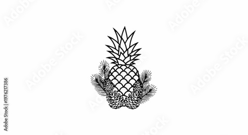 Black and white line drawing of a pineapple adorned with pine branches and cones