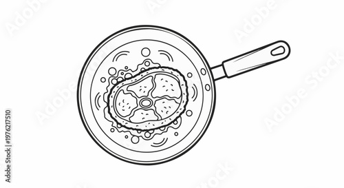 Black and white line drawing of a steak cooking in a pan with bubbles