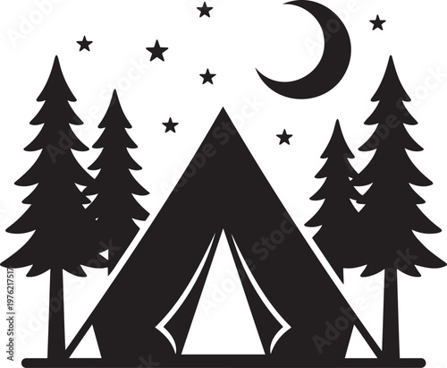 Night camping silhouette with tent pine trees crescent moon and stars in the sky for outdoor adventure wilderness travel national park hiking and summer camp vacation vector design element.